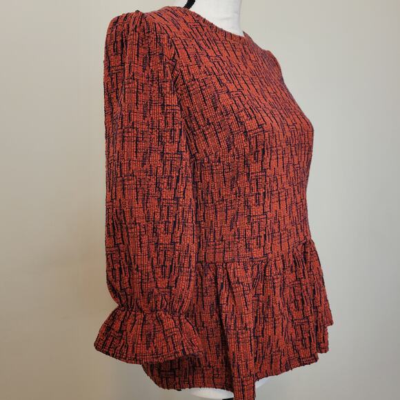 Anthropologie RO+DE Size XS Pullover Ruffle Sleeve Peplum Top Burnt Orange Navy - Picture 2 of 10